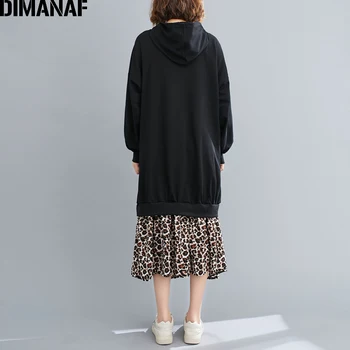 DIMANAF Plus Velikost Ženske obleke Leopard Tiskanja Jeseni Bombaž Hooded Lady Vestidos Ženska Oblačila, Casual Svoboden, Dolg Rokav Obleka