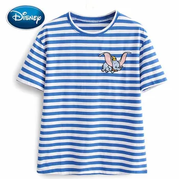 Disney Elegantna Moda Dumbo Slon Risanka Tisk Vezenje O-Vratu Puloverju Kratkimi Rokavi Ženske T-Shirt Svoboden Prugasta Tee Vrhovi