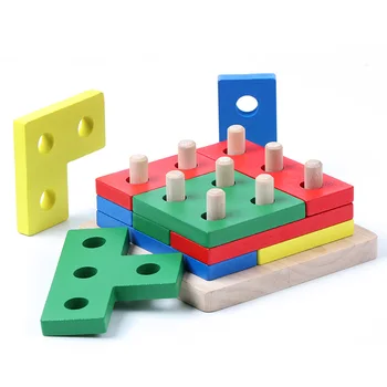 DIY lesenih gradnikov igrača Montessori geometrijske oblike seznanjanje odbor model set zgodnjega učenja izobraževalne igrače za otroke