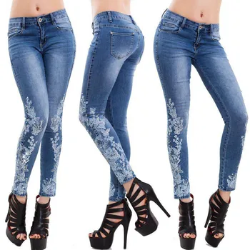 Do Leta 2020 Se Raztezajo Vezene Jeans Za Ženske Elastične Cvet Kavbojke Ženske Slim Traper Hlače Vzorec Kavbojke Pantalon Femme