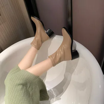 Donna-v Jeseni Ženske Čevlji za Šivanje Vklesan Gleženj Škornji Modni Visoke Pete Gospe Zimski Škorenjčki 2020 Dame Čevlji