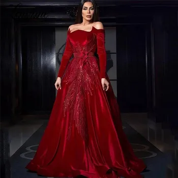 Dubaj Elegantne Večerne Obleke Beaded Ročno Red Carpet Oblačenja 2021 Čoln Vratu Črto Žamet Bližnjem Vzhodu Ženske Prom Stranka Oblek