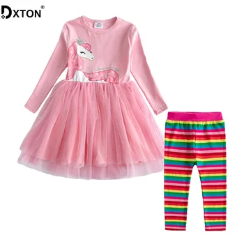 Dxton 2PCS Dekliška Oblačila Otrok Kompleti Oblačil Dolg Rokav Obleka z Mavrica Hlače Cvetja Dekleta Določa Zimski Otroški Kostum 2-8Y