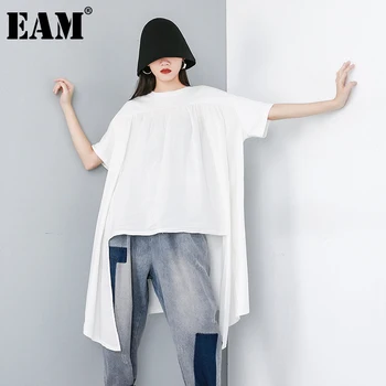 [EAM] Žensk Nezakonitih Nazaj Dolgo Big Velikost Belega T-shirt Nov Krog Vratu Pol Rokav Moda Plima Pomlad Poletje 2021 1DD2309