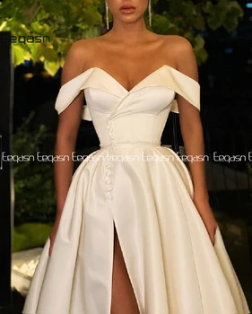 Eeqasn A-line Prom Oblačenja 2021 Pomlad Saten Off ramo V Vratu Visoko Režejo Dolgo Večerno obleko Formalno Elegantno Vestidos De Gala