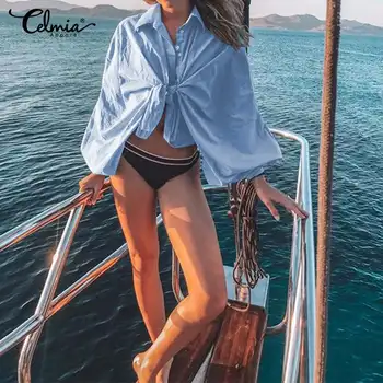 Elegantna Urad za Delo Bluzo Ženske 2021 Celmia Plus Velikost Trdnih Tunika Vrh Priložnostne Ohlapno Majico Dolg Rokav Dame Pletene Blusas 5XL