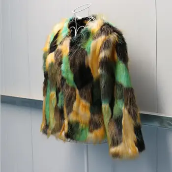 Elegantna šivanje Specializiranimi za umetno Krzno Plašč Mix Barve z Dolgimi Rokavi Jakno Pozimi Toplo Multi-Zeleno barvo Umetnega krzna kratko Jopico suknjič Vroče