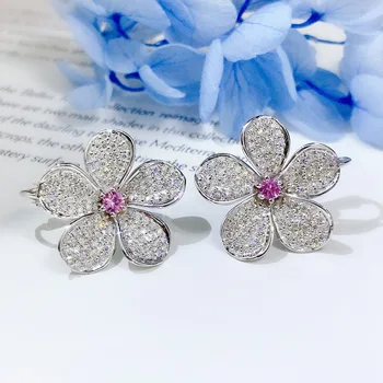 Elegantno Cvet Stud Diamant Uhan Pravi 925 sterling srebrni Nakit Posla Poročni Uhani za Ženske Izjavo Stranka Darilo