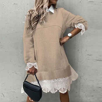 Elegantno Mozaik Sweatershirt Obleka Ženske Modni Zavoj Navzdol Ovratnik Mini Obleke Gospe Priložnostne Dolg Rokav Ulične Obleke