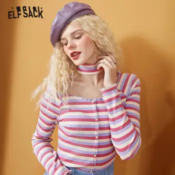 ELFSACK Colorblock Prugasta Priložnostne Off Ramo T-Shirt Ženske Vrhovi,2020 Jeseni ELF Poln Rokav korejski Girly Dnevno Sladko Tee