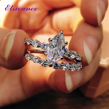 ELSIEUNEE 925 Sterling Srebro Marquise Simulirani Moissanite Diamantno Poroko Zaročni Prstan Poroka Poročni Kompleti Debelo