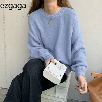 Ezgaga Modri Pulover Ženske Ponudbe O-Vratu Long Sleeve Solid Svoboden 2020 Jeseni, Pozimi Plesti Pulover Outwear Korejski Elegantna Vrhovi Priložnostne