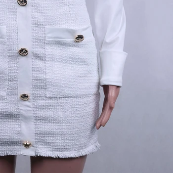 Foridol bela tweed shirt obleko ženske jeseni, pozimi bodycon mini obleka letnik gumb 