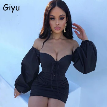Giyu 2020 Jeseni Ženske Obleke Seksi Bodycon Klub Stranka Mini Obleko Elegantno V Vratu Off Ramen Dolge Luči Rokav Ruched Vestido