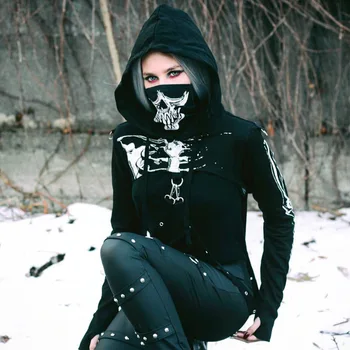 Goth Temno lobanja, tiskanje okostje hoodies dolg rokav t-shirt turtlenek punk stil kolk žensk verige obreži zgoraj kul ulične Tees