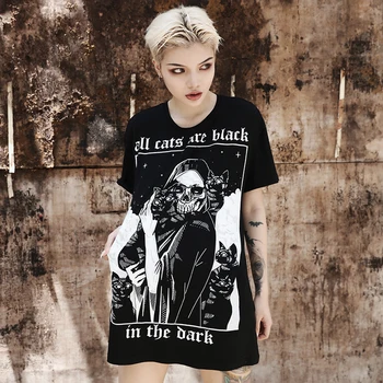 Gothic Harajuku Dolge Majice s kratkimi rokavi Ženske Grunge Punk Oversize T-shirt Lobanje Peinted Tiskanja Črno Tshirts Ulične Priložnostne Vrhovi Svoboden