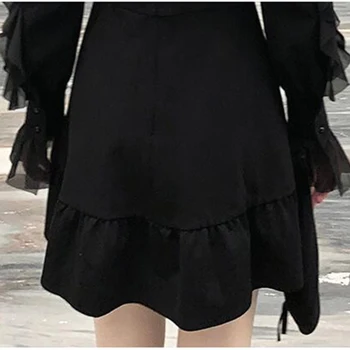 Gothic Stojalo Ovratnik Mini Obleka Ženske Seksi Letnik Dolgo Šifon Rokav Imperij Ruffles Obleke 2020 Pomlad Femme Priložnostne Vestidos