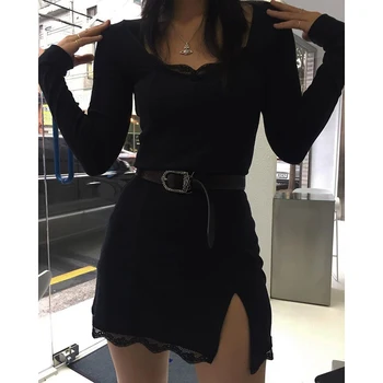 HEYounGIRL Mozaik Čipke Bodycon Mini Obleka Ženske Priložnostne Črno Belo Kratko Obleko Split Strani Osnovne Dolg Rokav Obleka Jeseni
