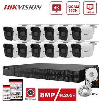 Hikvision 4K 16CH POE NVR Kit 12pcs Hikvision 8MP IP Kamero DS-2CD2085G1-I Zaprtih prostorih/na Prostem Hik-Povežite Plug and Play 30 m IR IP67