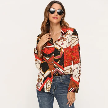 HiloRill Ženske Verige Tiskanje Bluze 2020 Svoboden Priložnostne Long Sleeve Vintage Majica Znižuj Ovratnik Urad Majica Za Dame Blusas