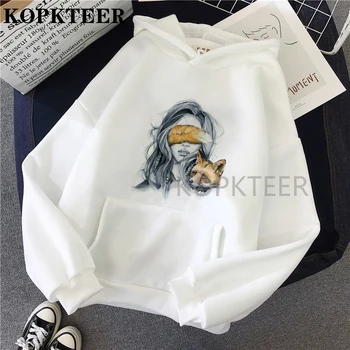 Hoodie Fox Kritje oči tiskanja Kenguru Pocket Sweatshirts Hooded Harajuku Pozimi Priložnostne Letnik korejski Puloverji majica Ženske