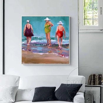 Impresionizem Krajine 3 Ženske Igrajo na Plaži Oljna slika na Platnu Visoke Kakovosti Stara Ženska Številke Oljno sliko za dnevno Sobo