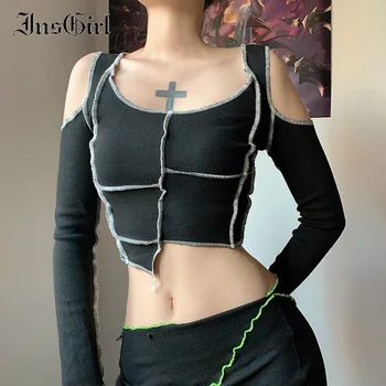 InsGirl Temno Črno Goth Sexy majica s kratkimi rokavi Ženske Y2k E-dekle Iz Votlih Dolg Rokav Slim Tee Vrhovi Ulične Punk Moda Priložnostne Tshirt