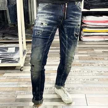 Italijanski Modni Stil Moške Kavbojke Slim Fit Razrezana Oblikovalec Ripped Kavbojke Moški Hip Hop Hlače Visoke Kakovosti Ulične Biker Jeans