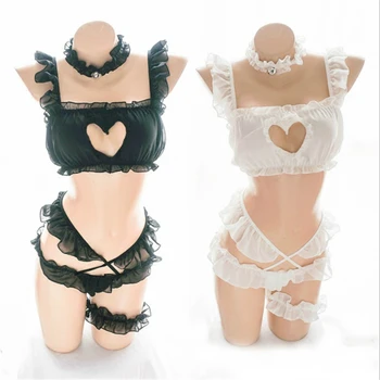 Japonski Baby Doll Seksi Perilo Ženska Lolita Cosplay Kostum Seksi Čipke Erotične Kostumi Kawaii Votlo Srce 5 Delni Set Pižami