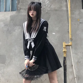Japonski Preppy Stil Enotno Žensko Krilo Lok Majica Linije Krilo Temno Moda Obleko