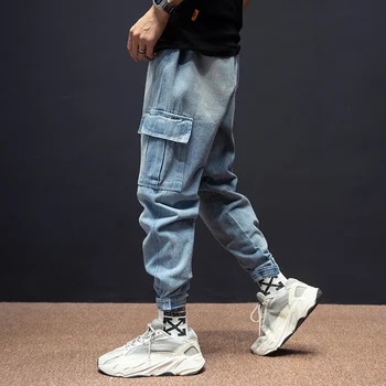 Japonski Vintage Moda Za Moške Jeans Ohlapno Fit Velik Žep Priložnostne Denim Tovora Hlače Hombre Ulične Hip Hop Kavbojke Moški Harem Hlače