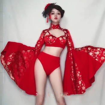 Jazz Kostume Rdeči Kitajski Slog Hanfu Bikini bo Ustrezala Tang bo Ustrezala Trobenta Rokav Seksi nočni klub GoGo Bar Ds Pole Dance Obleko DT2133