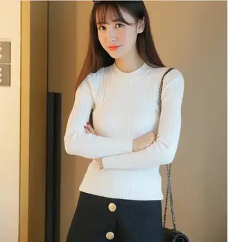 Jeseni novo korejska različica barva divje krog vratu slim fit pulover pleten naravnost ženski pulover