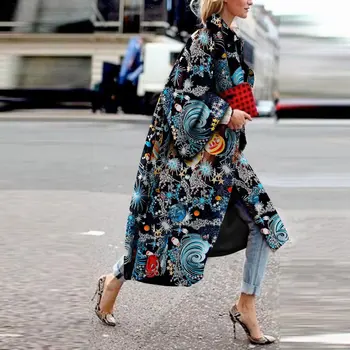 Jeseni, pozimi 2020 nove vroče prodajo fashion geometrijske tiskanje barvnih svoboden dolg rokav, dolg plašč windbreaker Plus Velikost ženske plašč