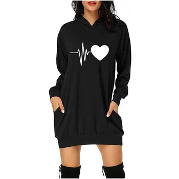 Jeseni, Pozimi Moda 2021 Hooded Obleke, Ženske Srce, ki Tiskanja Hooded Žepi Kratek Mini Majica Obleko Dames Jurken #T1G