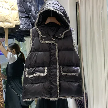 Jesenski zimski Telovnik vrhovi zadrgo brez rokavov žensk hooded mid-dolžina bombaž materiala ulične mode vse-tekmo barva