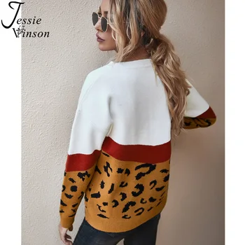 Jessie Vinson Leopard Mozaik Pulover Ženske, Dolg Rokav O-vratu Pulover Pleten Pulover Jeseni, Pozimi Toplo ženski Puloverji