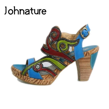 Johnature Pravega Usnja Ženske Sandale 2020 Novo Poletje Retro Mešane Barve Šivanje Sponke Traku Kvadratnih Pete Priložnostne Ženske Čevlje