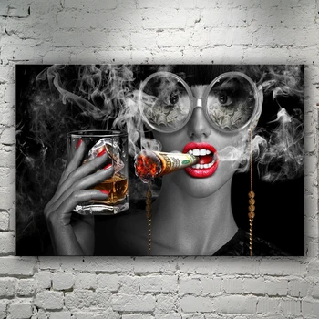 Kajenje Ženska s Steklenimi Kozarci, Tiskanje Plakatov Oljna slika, Stenske Slike za Dnevna Soba brez okvirjev Ogledala Pripravi Jedro