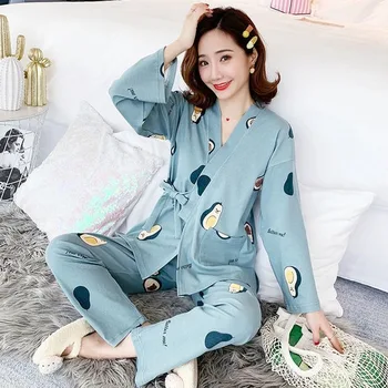 Kimono Pižamo Nastavite Ženska avokado Pižamo Določa Dolg Rokav 2 Kosa Pj Nastavite Sleepwear Seksi More Sleepwear Dolge Hlače