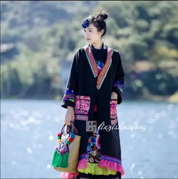 Kitajski etnični vezenje haljo Ženske jakna zimo Dolgo slog Bombaž Kimono plašč obleko