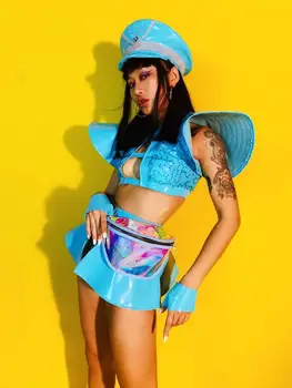 (Klobuk+Vrhovi+Hlače+Girdle+Rokavice) Modri Kristali Bikini Ženske Nastavite Seksi DJ Pevka Fazi Obleke, ki Vodi Plesne Osebnosti DS Kostum