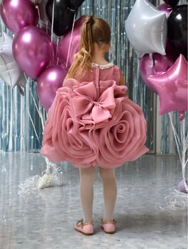 Koleno dolžina blush pink malčka dekle glitz žogo obleke cvetlični obleke biseri vratu pageant za malčke baby 1 leto, rojstni dan obleke