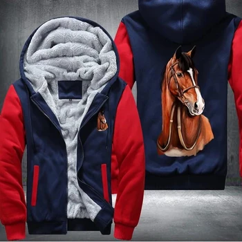 Konj Fargo Natisnjeni Mens Pozimi Hoodies Človek Priložnostne Sweatshirts Hooded Zadrga Runo Jopiči Šport Zgostitev Toplo Outwear