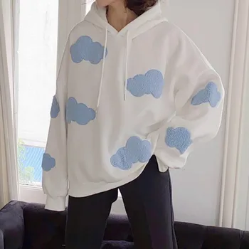 Korejski Majica Ženske Zimske 2021 Moda Oblaki Pulover Ženske Plus Žamet Toplo Dolg Rokav Vrhovi Priložnostne Hoodies Kawaii Ženski