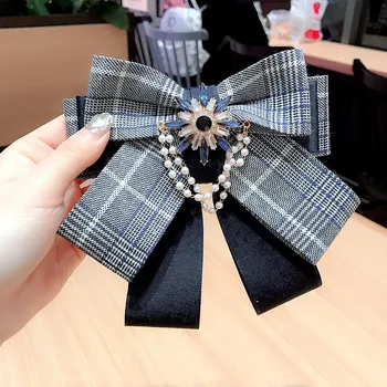Korejski Moda Kariran Multi-layer Bowknot Ženske Tkanine Lok Kravato High-end Pearl Nosorogovo Zatiči in Broške za Ženske Dodatki