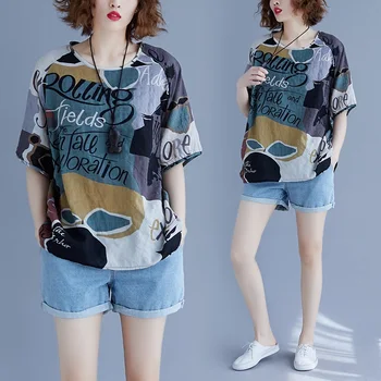Korejski slog bombaža, plus velikost letnik poletni priložnostne svoboden tee majica s kratkimi rokavi ženske t-shirt dame tshirt oblačila 2021 vrhovi ulične