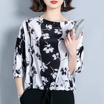 Korejski Svilena Srajca Ženske Poletje Tiskanja Plus Velikost Urad Dama Vrhovi Blusas Mujer De Moda 2021 Visoke Kakovosti Bluze Femme 10159
