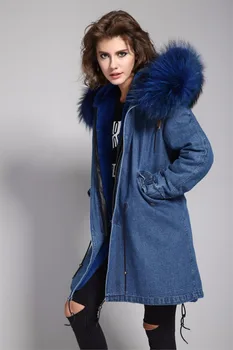 Korejski Vroče Prodaje 2020 Resnično Velike Rakun Krzno Ovratnik Ženske Zimski Plašč Suknjič Denim Debele Obloge Outwear Blagovne Znamke Slog Parkas
