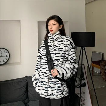 Korejski Zimski Modni Harajuku BF Slog Bombaž Oblačila Leopard Svoboden Polno Jakno Rokav Vintage Lambswool Toplo Vrhnja oblačila